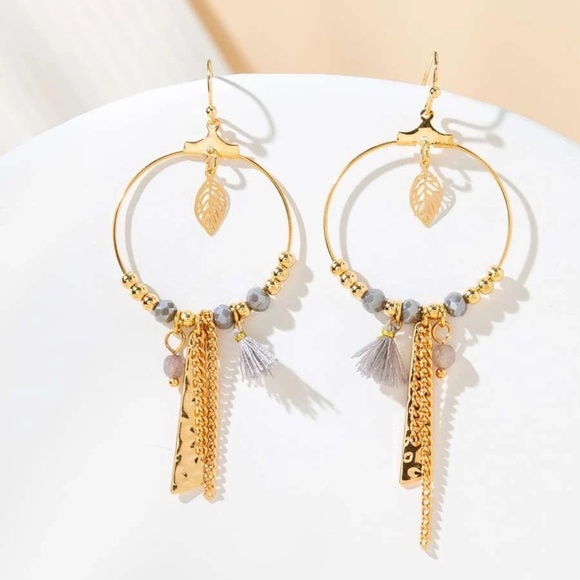 Gold Tone Tassel Bead Chain Earrings - Picture 3 of 8